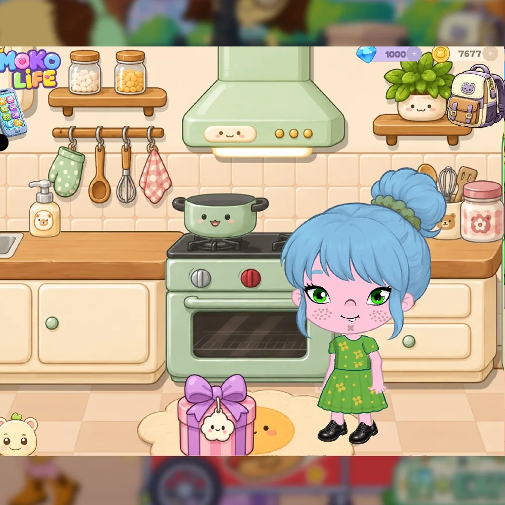 A character with blue hair and a green dress in the kitchen